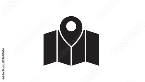 Map pin icon with a folded paper map, representing location services and navigation for travel. featuring search, find, route with destination and
