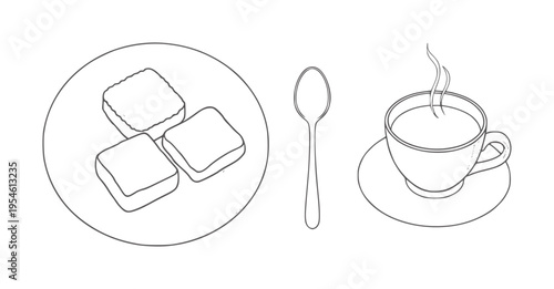 Black and white line of three square toast slices a plate with a spoon and a steaming cup of coffee