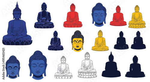 Buddha statues set, colorful icons, meditation, spirituality, religion, art