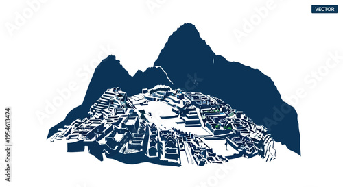 Machu Picchu ancient inca citadel in Andes mountains, peru, graphic illustration