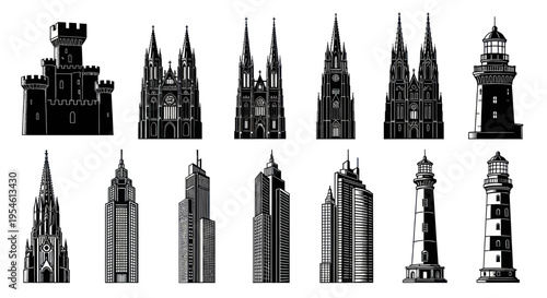 Diverse Architectural Silhouettes: Castle, Gothic Churches, Modern Skyscrapers, Lighthouses