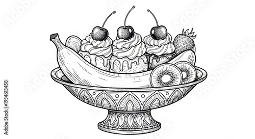 Hand-drawn Banana Split Dessert with Fruits and Cherries in a Decorative Bowl