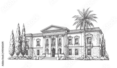 Of a grand neoclassical building with palm and cypress trees architecture facade
