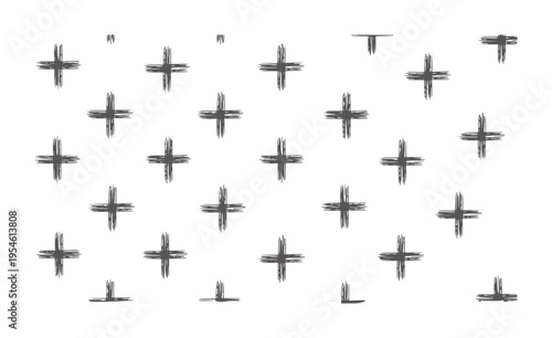 Repeating pattern of dark gray brush stroke plus signs white cross