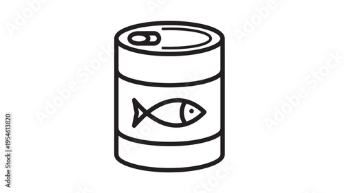 Can of fish food with a simple fish icon and minimalist line art, isolated on a white background for graphic design purposes.