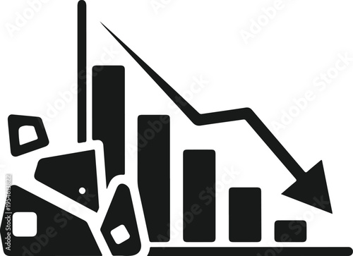 Vector illustration depicting a sharp decline in financial performance, with a broken credit card and a collapsing bar graph with a downward arrow