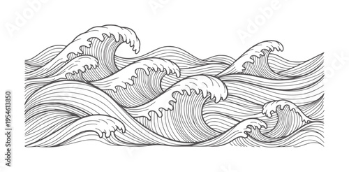 Stylized black and white line of crashing ocean waves water nature