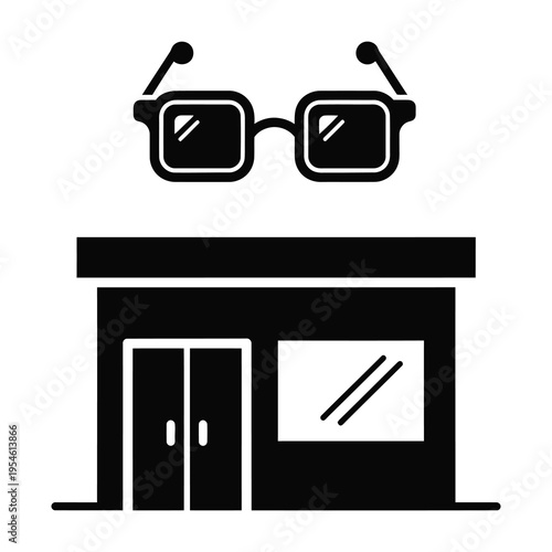 Glasses on top of optometrist store front icon in black and white icon