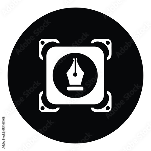 Graphic symbol of a pen nib in a square frame on a circle background icon