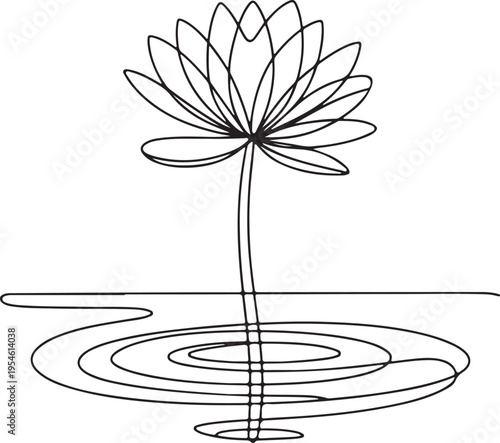 Elegant Single Line Art of a Serene Lotus Flower Emerging from Water with Gentle Ripples, Symbolizing Purity, Growth, and Tranquility in a Minimalist Style