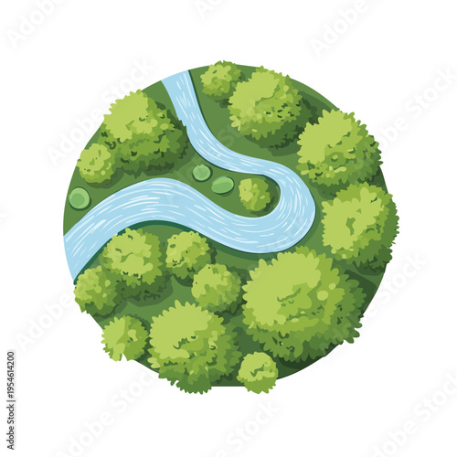 Cartoon river flowing through a green land overhead vector illustration