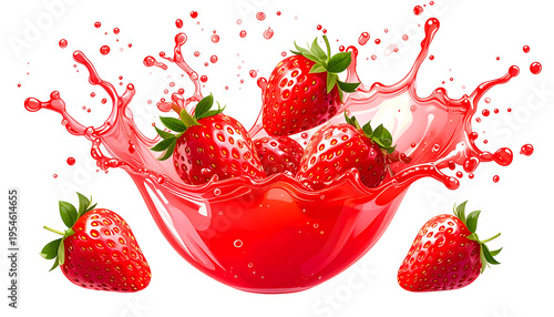 Vibrant illustration of fresh strawberries splashing juice, transparent background