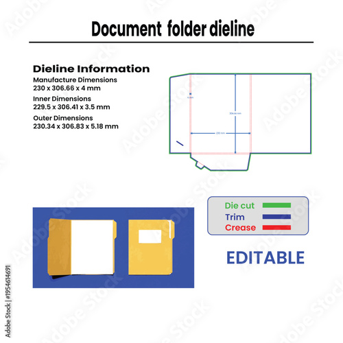 Document Folder Dieline With Dimensions And Color Key For Printing template die cut