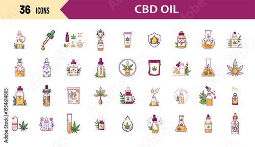 Vector icon library of CBD Oil for Cannabis Products, Hemp Extract, Medical Marijuana, and Wellness Industry Designs