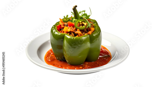 A vibrant, green bell pepper stuffed with filling, served on a plate with red sauce
