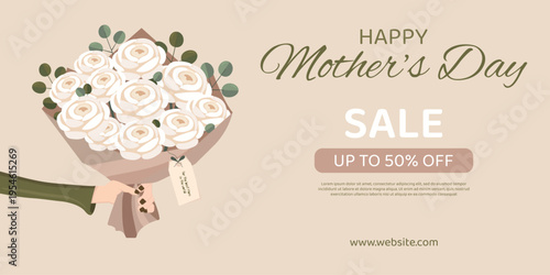 A sale banner with Elegant Mother’s Day bouquet illustration with white flowers, eucalyptus leaves, hand holding flowers, modern flat style, greeting card design. Mother's day sale, flyer. 