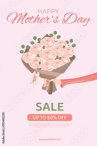 A sale banner with Elegant Mother’s Day bouquet illustration with pink flowers, eucalyptus leaves, hand holding flowers, modern flat style, greeting card design. Mother's day sale, flyer. 