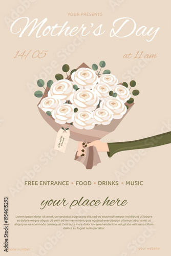 An invitation with Elegant Mother’s Day bouquet illustration with white flowers, eucalyptus leaves, hand holding flowers, modern flat style, greeting card design. Mother's day event, invitation. 