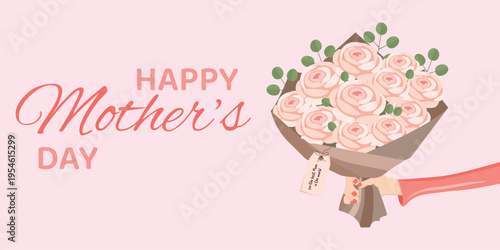 Elegant Mother’s Day bouquet illustration with pink flowers, eucalyptus leaves, hand holding flowers, modern flat style, greeting card design, spring celebration, gift concept.