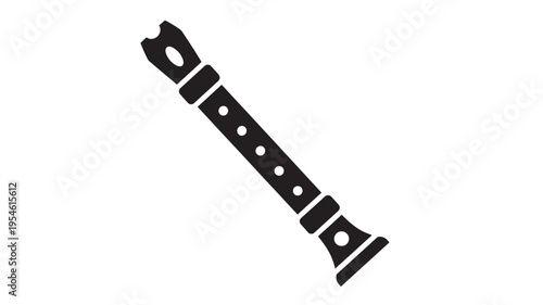 Recorder musical instrument icon with finger holes and a flared bell, presented in a simple black silhouette against a white background.