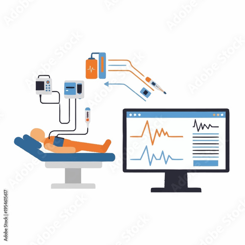 Illustration of a patient connected to medical monitoring equipment displaying vital signs on a computer screen.