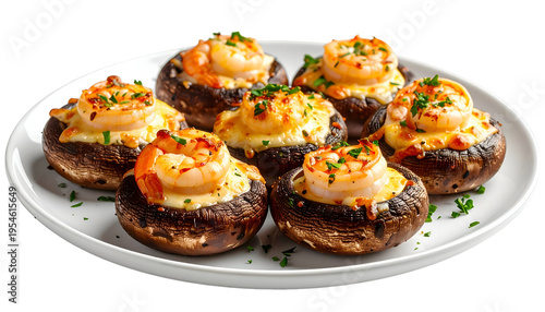 Appetizing stuffed mushrooms topped with shrimp and cheese on a white plate
