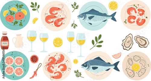 Seafood vector set with shrimp fish oysters citrus and wine gourmet dishes collection flat illustration isolated elements