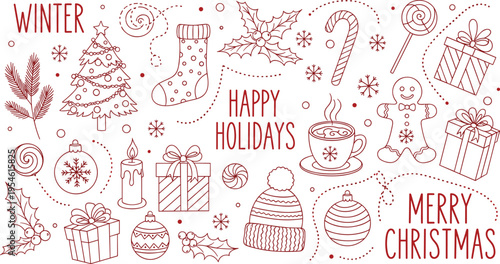 Christmas line doodle vector set with winter holiday elements decorations typography festive collection red outline illustration design