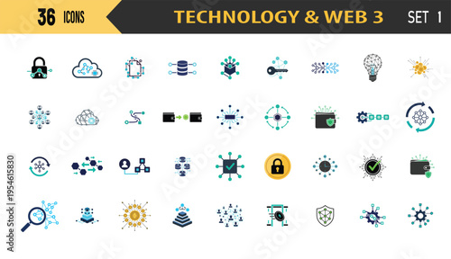 Web 3 and Technology Vector Icons - 36 symbol pack on white background, ideal for Website UI/UX Design and Modern Business Presentations