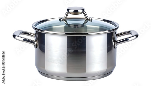 Shiny stainless steel cooking pot with a glass lid and side handles, isolated on black