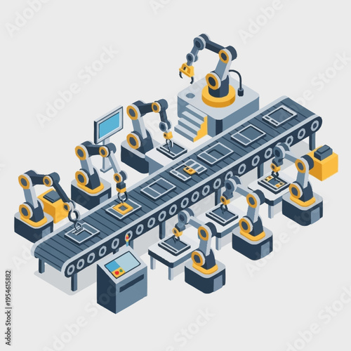 Isometric illustration of an automated factory assembly line with robotic arms.