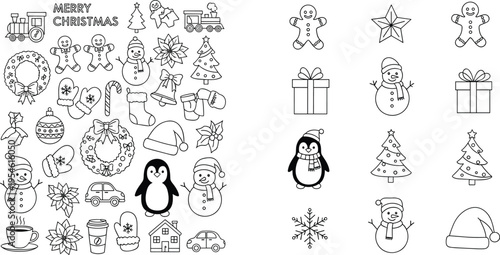 Christmas outline doodle icon set with Santa snowman penguin gifts trees ornaments festive holiday vector line collection