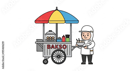 Street food vendor selling bakso at a colorful food cart in 4k ultra hd, original content for commercial use