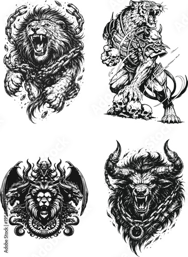 Four aggressive tattoo designs on white background Vector