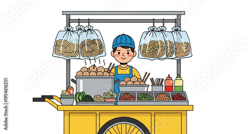 A cheerful street food vendor stands behind his vibrant yellow cart, ready to serve delicious meals.