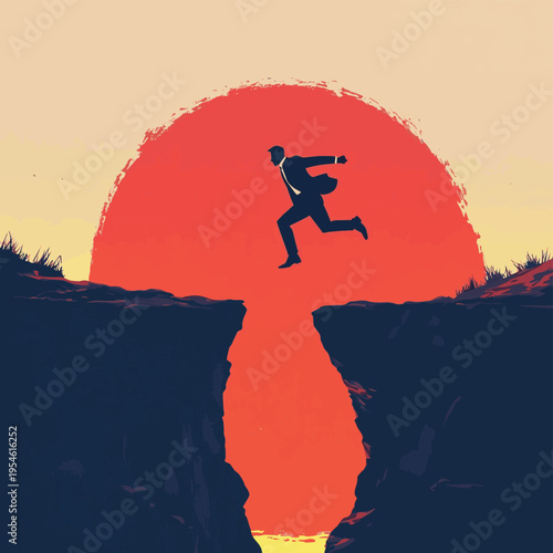 A businessman in a suit leaps courageously across a precipitous cliff gap at sunset, symbolizing ambition, risk-taking, and the drive for success , vector style simple color