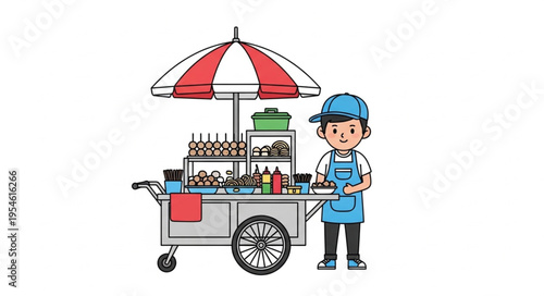 A vendor in blue apron and cap stands beside a colorful food cart with umbrella, offering original content for commercial use in 4k video ultra hd