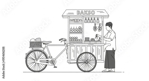 A detailed illustration of a bicycle food cart with a vendor standing nearby, ready to serve.
