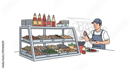 Man in apron prepares food on counter next to display case with various dishes and condiments for 4k video ultra hd original content for commercial use