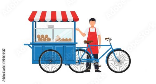Man in red apron standing next to blue bicycle food cart with 4k video ultra hd original content for commercial use