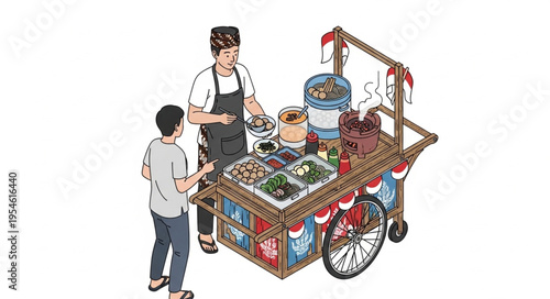Man in apron serves food to customer from colorful cart in 4k ultra hd original content for commercial use