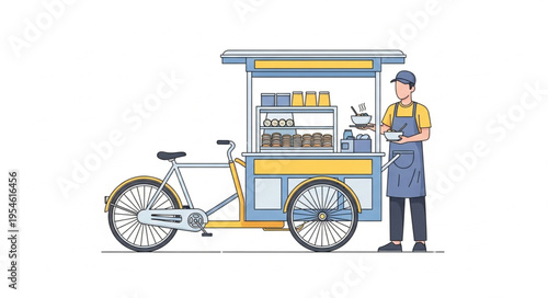 Man selling food from 4k video ultra hd original content cart for commercial use on bicycle