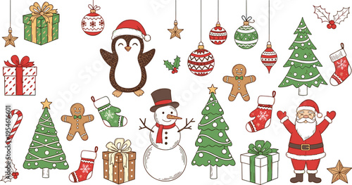 Cute hand drawn Christmas character and decoration set with Santa snowman penguin gifts ornaments festive holiday vector collection
