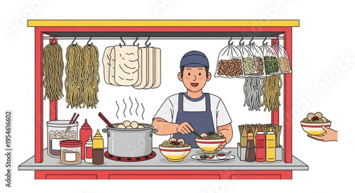 Asian street food vendor preparing and serving delicious meals to customers at stall.