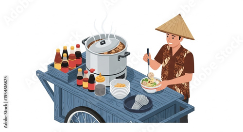 Asian street food vendor preparing and serving delicious noodles from a cart.