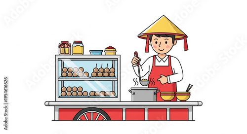 Asian street food vendor preparing and serving delicious traditional meals from a cart.