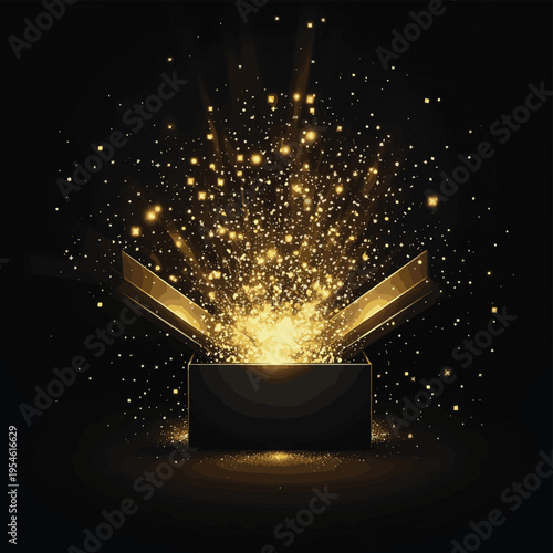 An open black box emitting a burst of glowing golden sparks and light
