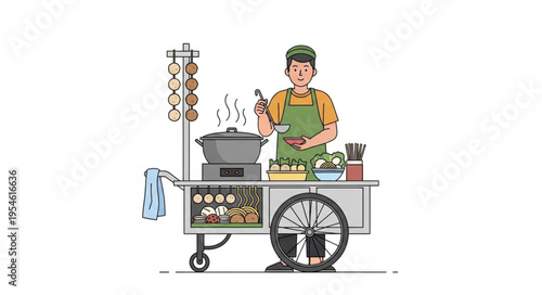 Asian street food vendor preparing delicious meal from his mobile cart.