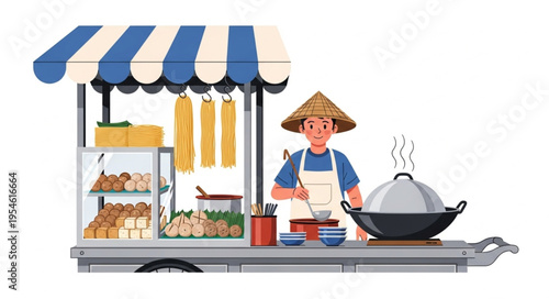 Asian street food vendor preparing delicious meals at his mobile stall with various ingredients.
