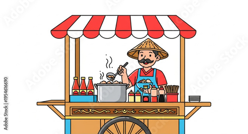 Asian street food vendor preparing delicious meals at his cart for customers.